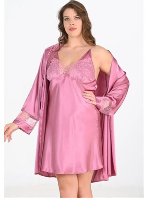 Fantastik Store Arias Closet Premium Büyük Beden Saten Dantel Işlemeli Gül Kurusu 2'li Gecelik Sabahlık Takımı Bigsize