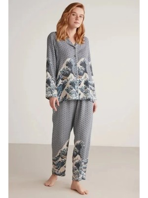Nautica Nautıca W617 Kadın Uzun Kollu Önden Düğmeli Pijama Takımı