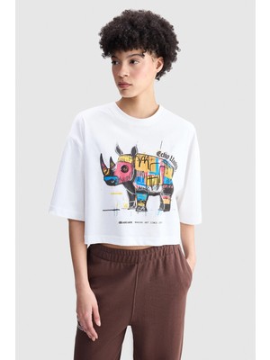 Ecko Unltd. Ecko Red Ruth Loose Fit Crop Bisiklet Yaka Baskılı Nakışlı %100 Pamuk Kadın Beyaz Tshirt