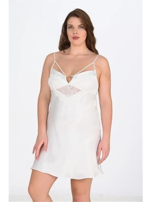 Fantastik Store Arias Closet Premium Büyük Beden Saten Dantel Işlemeli Ekru Gecelik Bigsize