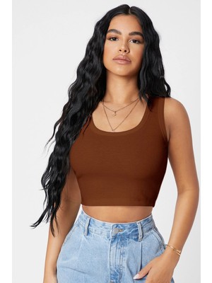 Fantastik Store Kadın Kahverengi Kare Yaka Crop Top Bluz
