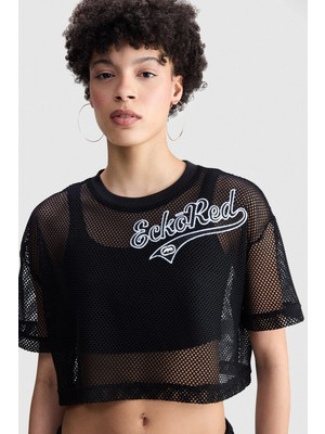 Ecko Unltd. Ecko Red Arıana Loose Fit Bisiklet Yaka Baskılı Nakışlı Kadın Siyah Tshirt