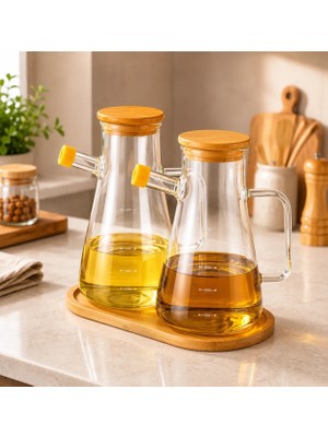 Mafa Home 2'li Bambu Kapaklı Bambu Stantlı Cam Yağlık Sirkelik Sosluk 900 ml