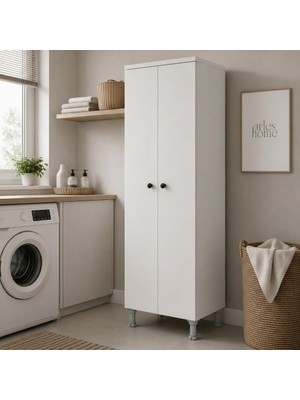 Arles Home - 2 Kapaklı 3 Raflı Süpürge Dolabı Çok Amaçlı