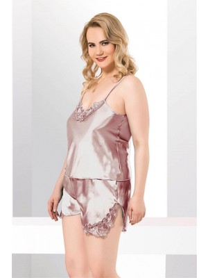 MiraLive Büyük Beden Vizon Saten Babydoll Şort Takımı