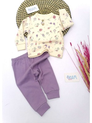 Melisa Baby Çiçek Desen Önden Düğmeli 2'li Takım Mor