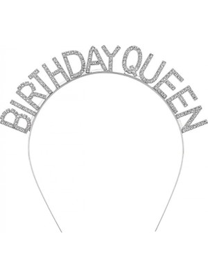 MiraLive Gümüş Renk Kristal Taşlı Parlak Birthday Queen Yazılı Kraliçe Taç 16X17 cm