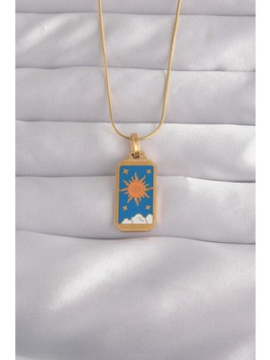 MiraLive 316L Çelik Gold Renk Mavi Mineli Güneş Model Tarot Kolye - TJ-BKO9026