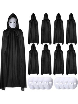 MiraLive 120 cm Siyah Kapüşonlu Pelerin ve Boyanabilir Karton Maske 8’li Set