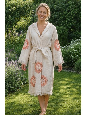 Güneş Desenli Baskılı Pamuklu Müslin Kapüşonlu Kimono Bornoz Kaftan Sabahlık