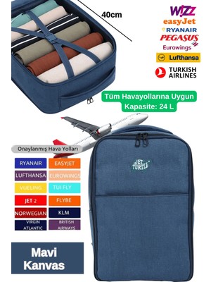 Jet Turtle Seyahat Mavi Kanvas Sırt Çantası 40CM 40X25X15 cm Pegasus, Wizz Air, Ryanair, El Valizi Koltuk Altı Valizi
