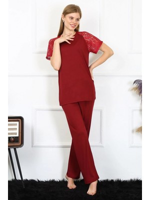 MiraLive Marsilyan- Kadın Kolu Dantelli Penye Pijama Takım Bordo