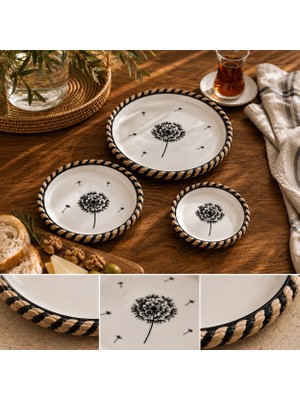 Home İnn Karahindiba Çiçek Desenli Hasır Görünümlü Sunum Seti – Siyah Renk – 3 Parça El Yapımı Sofra Takımı