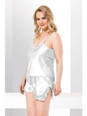 MiraLive Büyük Beden Beyaz Saten Babydoll Şort Takımı