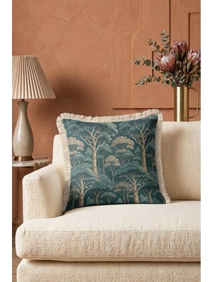 Hanna Home Saçaklı Kırlent Kılıfı Yeşil Kırlent Kılıfı Orman Desenli Kırlent Kılıfı Salon Koltuk Yastığı 43X43 cm