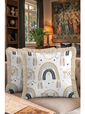Hanna Home Dekoratif Yastık Kılıfı Kırlent Kılıfı Geometrik Desen Ev Dekorasyonu Saçaklı Kırlent Kılıfı 43X43 cm