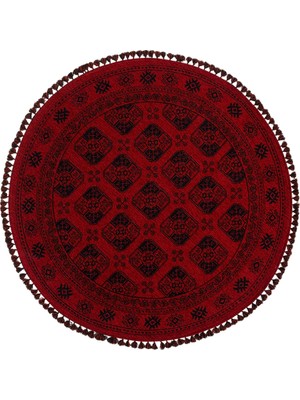 Kalesta Halı Şiraz 01 Red Afgan El Dokuma Görünümlü Yuvarlak Kilim – Yıkanabilir Dekoratif Kilim El Dokuma Desenli Yuvarlak Kilim Hav Toz Vermez Salon, Mutfak, Koridor Yıkanabilir Kaymaz Kilim