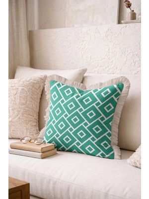 Hanna Home Saçaklı Kırlent Kılıfı Yeşil Geometrik Desenli Yatak Odası Dekoru Saçaklı Kırlent Kılıfı 43X43 cm