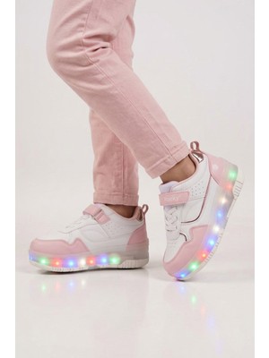 Rocky Pudra-Beyaz Cırtlı Ortopedik Işıklı Kız Çocuk Patenli Spor Ayakkabı Glow F
