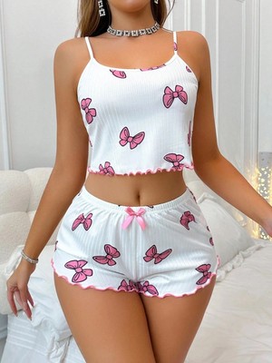 MiraLive Kadın Fiyonklu Beyaz Şortlu Pijama Takımı