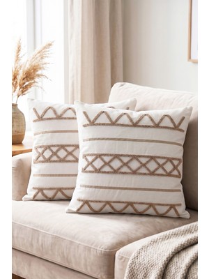 Melaris Halı Punch Kırlent Kılıfı 2 Adet Nakışlı 43X43CM Dekoratif Işlemeli Yastık Kılıf Seti Iskandinav Bohem Panç Örgü