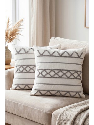 Melaris Halı Punch Kırlent Kılıfı 2 Adet Nakışlı 43X43CM Dekoratif Işlemeli Yastık Kılıf Seti Iskandinav Bohem Panç Örgü