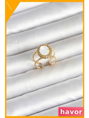Havor Vintage Sedefli Kadın Yüzük 316L Çelik Gold Renk Ayarlanabilir