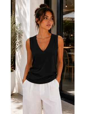 Hayalet Kadın V Yaka Kolsuz T-Shirt Ultra Soft Basic Bluz