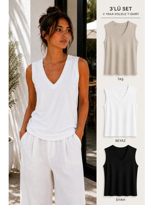 Hayalet Kadın V Yaka Kolsuz T-Shirt Ultra Soft Basic Bluz