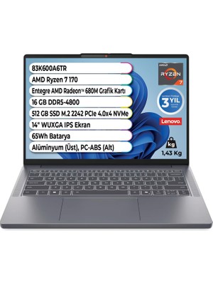 Lenovo Ideapad Slim 3 Amd Ryzen 7 170 Cpu 16 GB 512 GB Amd Radeon 680 M 14 Inç Wuxga IPS  83K600A6TR