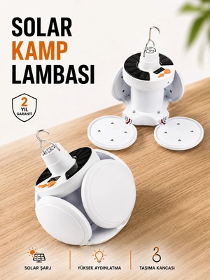 Tech Butiq Kamp Lambası Işıldak Beyaz Işık Güneş Enerjili Solar Aydınlatma 5 Kanatlı Katlanabilir