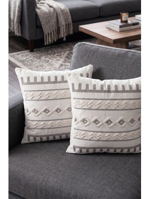 Melaris Halı Punch Kırlent Kılıfı 2 Adet Nakışlı 43X43CM Dekoratif Işlemeli Yastık Kılıf Seti Iskandinav Bohem Panç Örgü
