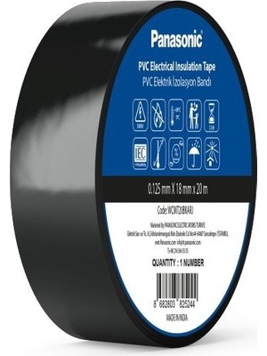 Panasonic Fr Pvc Elektrik Izolasyon Bandı Siyah 20M 1.80CM x 0,125MM - 8 Adet