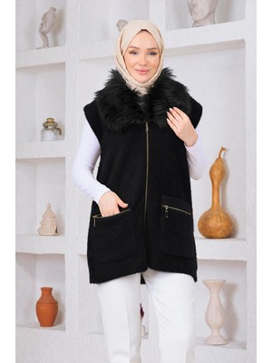 Esma Gündoğdu Kürklü Angora Yelek Siyah