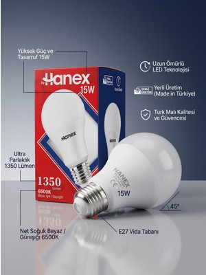 Plastora Home LED Ampul Hanex 15W E27 1350 Lümen 6500K Tasarruflu Uzun Ömür 1 Adet