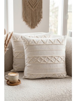 Melaris Halı Punch Kırlent Kılıfı 2 Adet Nakışlı 43X43CM Dekoratif Işlemeli Yastık Kılıf Seti Iskandinav Bohem Panç Örgü