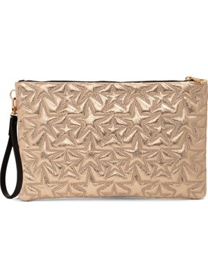 Ecrou Yıldız Desenli Gold Parlak Portföy & Clutch Çanta Çıkarılabilir Bileklik Askılı 30 × 19 cm