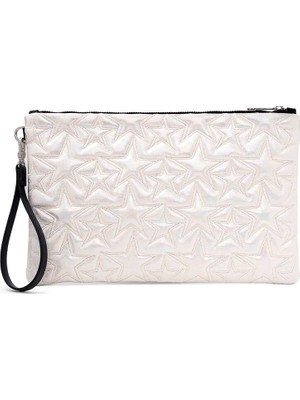 Ecrou Yıldız Desenli Beyaz Parlak Portföy & Clutch Çanta Çıkarılabilir Bileklik Askılı 30 x 19 cm