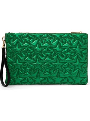Ecrou Yıldız Desenli Yeşil  Parlak Portföy & Clutch Çanta Çıkarılabilir Bileklik Askılı 30 x 19 cm