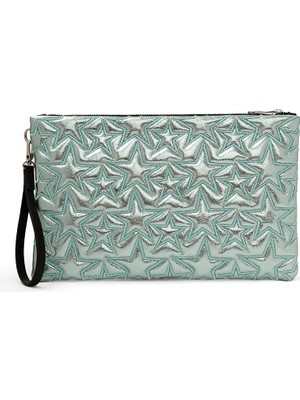 Ecrou Yıldız Desenli Bebe Mavisi Parlak Portföy & Clutch Çanta Çıkarılabilir Bileklik Askılı 30 x 19 cm