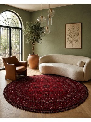 Kalesta Halı Şiraz 02 Red Afgan El Dokuma Görünümlü Yuvarlak Kilim – Yıkanabilir Dekoratif Kilim El Dokuma Desenli Yuvarlak Kilim Hav Toz Vermez Salon, Mutfak, Koridor Yıkanabilir Kaymaz Kilim