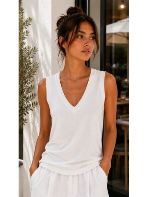 Hayalet Kadın V Yaka Kolsuz T-Shirt Ultra Soft Basic Bluz