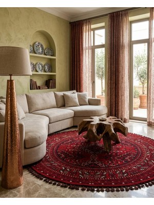 Kalesta Halı Şiraz 04 Red Afgan El Dokuma Görünümlü Yuvarlak Kilim – Yıkanabilir Dekoratif Kilim El Dokuma Desenli Yuvarlak Kilim Hav Toz Vermez Salon, Mutfak, Koridor Yıkanabilir Kaymaz Kilim