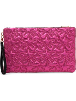 Ecrou Yıldız Desenli Fuşya Parlak Portföy & Clutch Çanta Çıkarılabilir Bileklik Askılı 30 x 19 cm