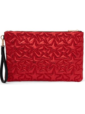 Ecrou Yıldız Desenli Kırmızı Parlak Portföy & Clutch Çanta Çıkarılabilir Bileklik Askılı 30 x 19 cm