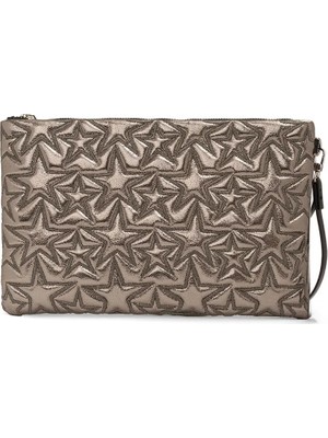 Ecrou Yıldız Desenli Platin Parlak Portföy & Clutch Çanta Çıkarılabilir Bileklik Askılı 30 x 19 cm