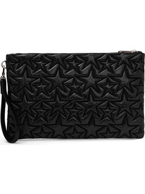Ecrou Yıldız Desenli Siyah Parlak Portföy & Clutch Çanta Çıkarılabilir Bileklik Askılı 30 x 19 cm