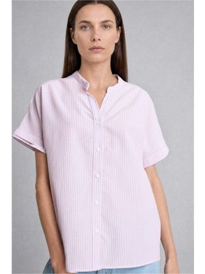 DeFacto Regular Fit Bisiklet Yaka Kısa Kollu Açık Pembe Çizgili Gömlek H8693AX26HS