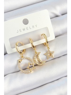 Uravas Store Ietaks™ Pirinç Zirkon Taşlı Yıldız ve Ay Model Gold Renk 3'lü Kadın Küpe Set