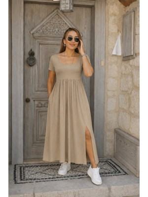 Efnaz Style Kadın Kısa Kollu Yuvarlak Yaka Önden Yırtmaçlı Cepli Viskon Uzun Elbise